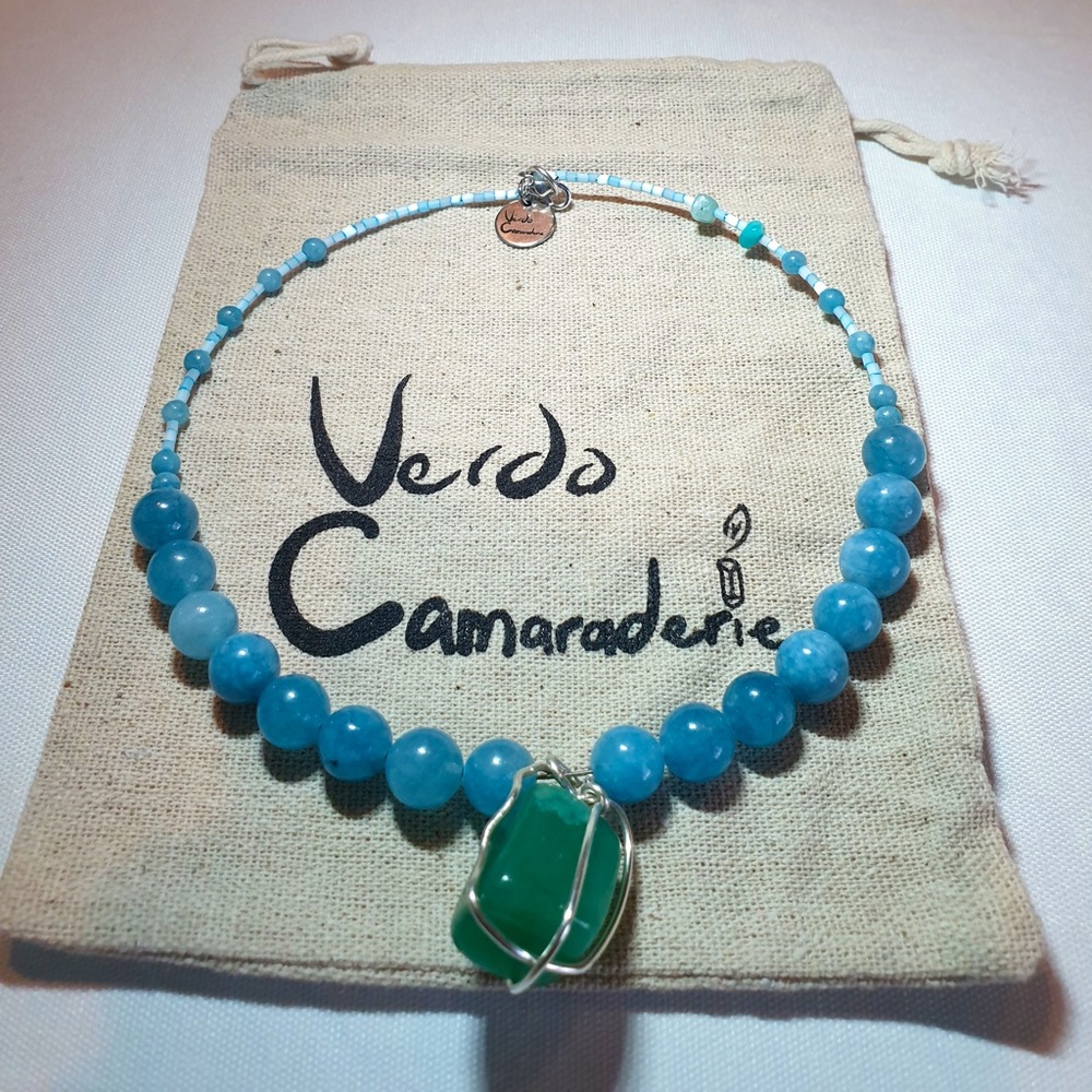 Blue aquamarine necklace with 925 sterling silver caged tumbled aventurine